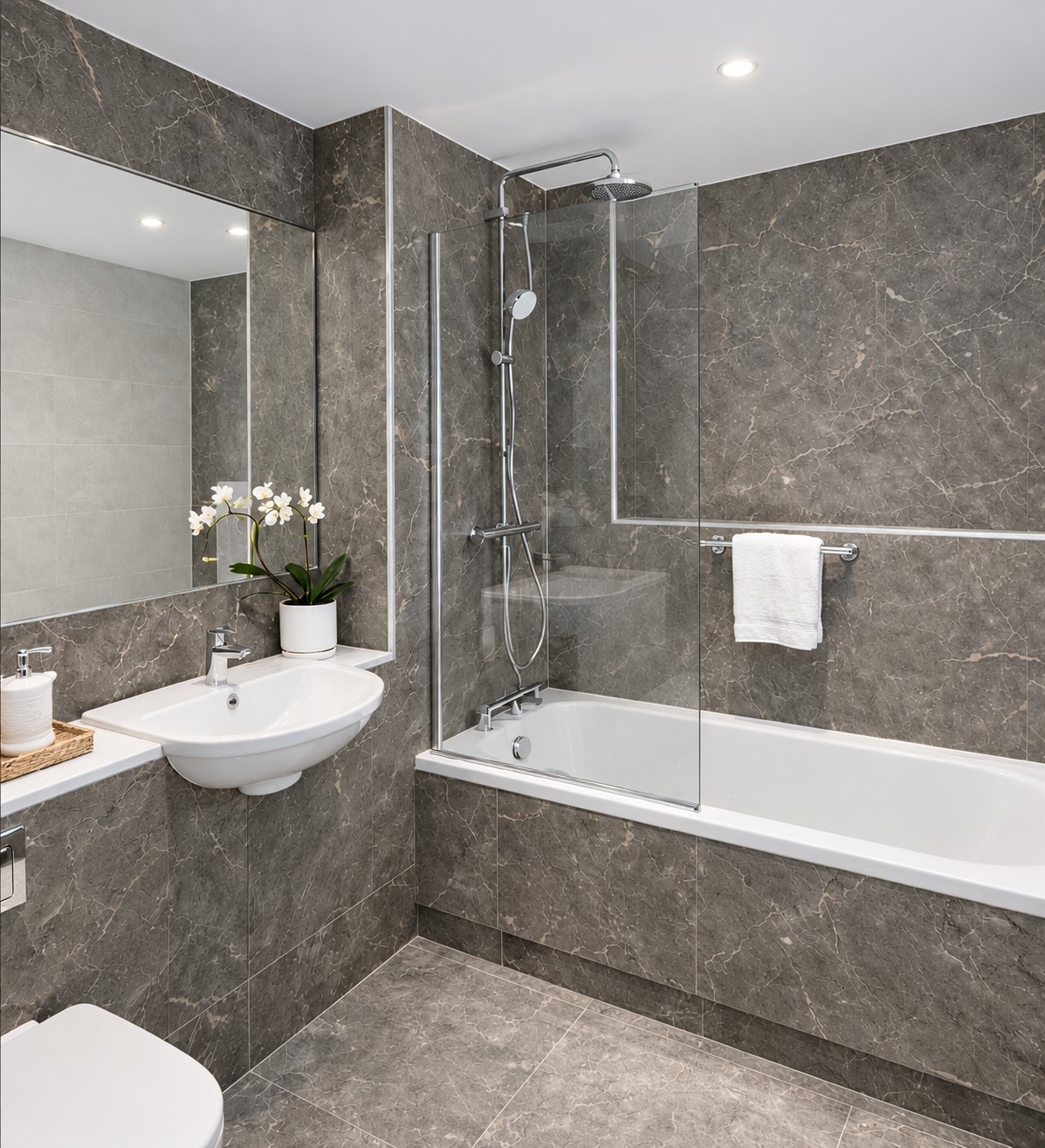 Illustrative contemporary bathroom with bath and shower