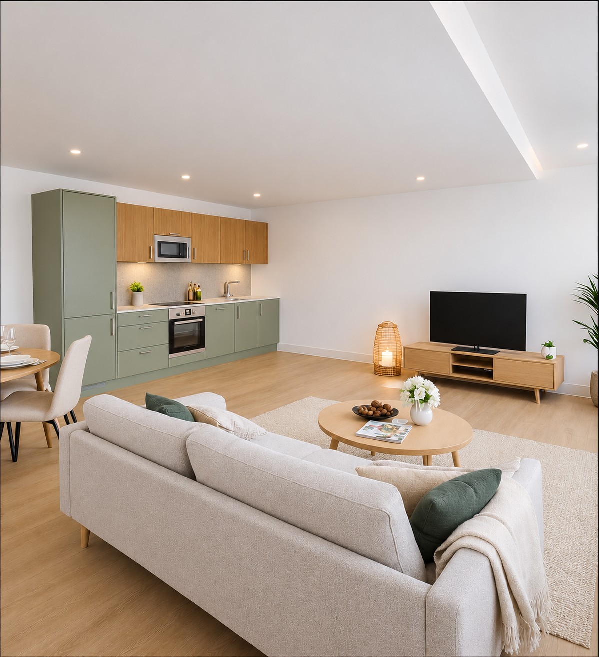 Illustrative open-plan living room and fitted kitchen with oak-effect flooring